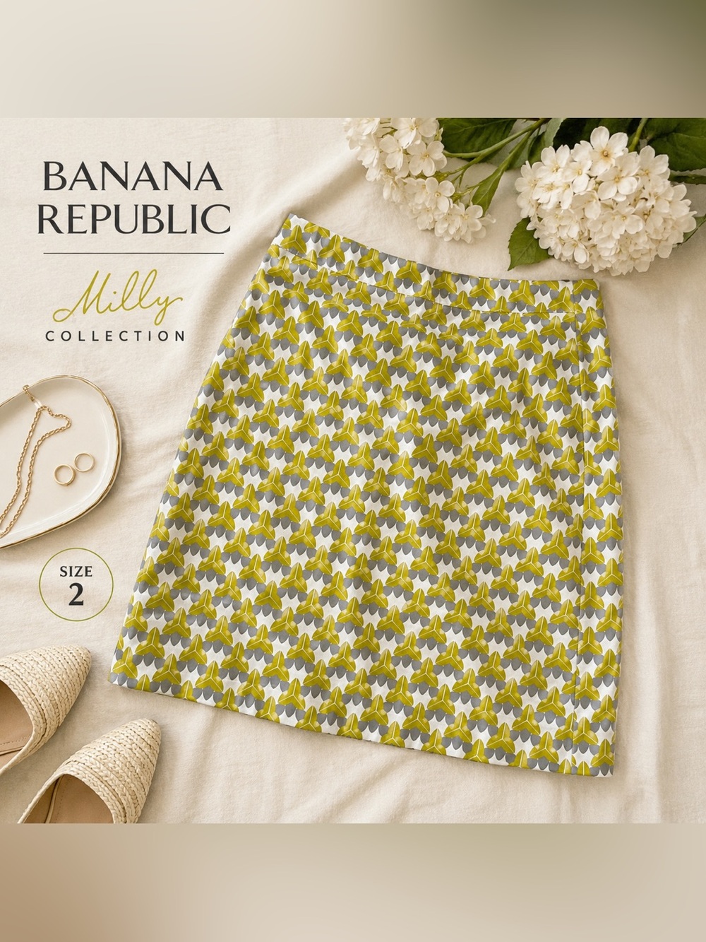 Banana Republic Milly Collection Geometric Print A-Line Skirt Size 2 Yellow Gray